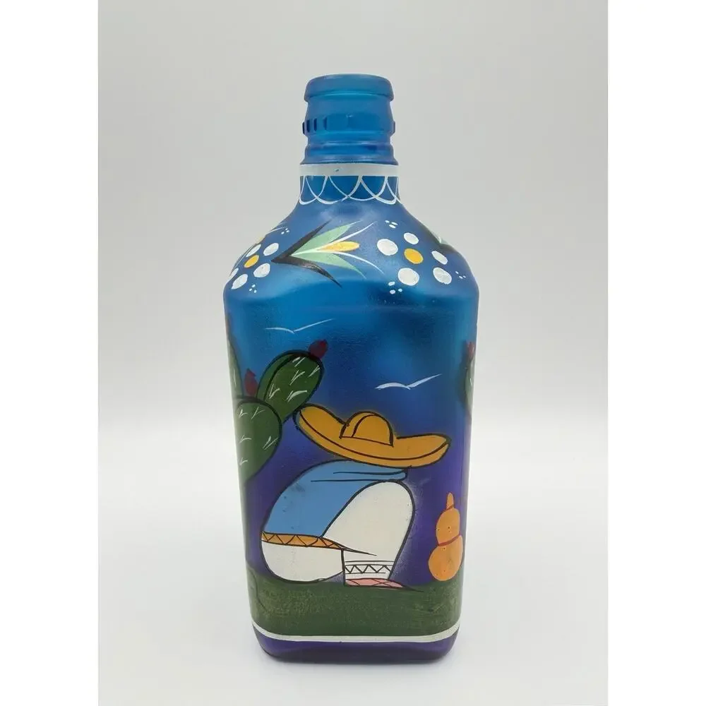 Blue Frosted Glass Siesta Sleeping Man Bottle 10” Hand Painted Bar Decor Mexico